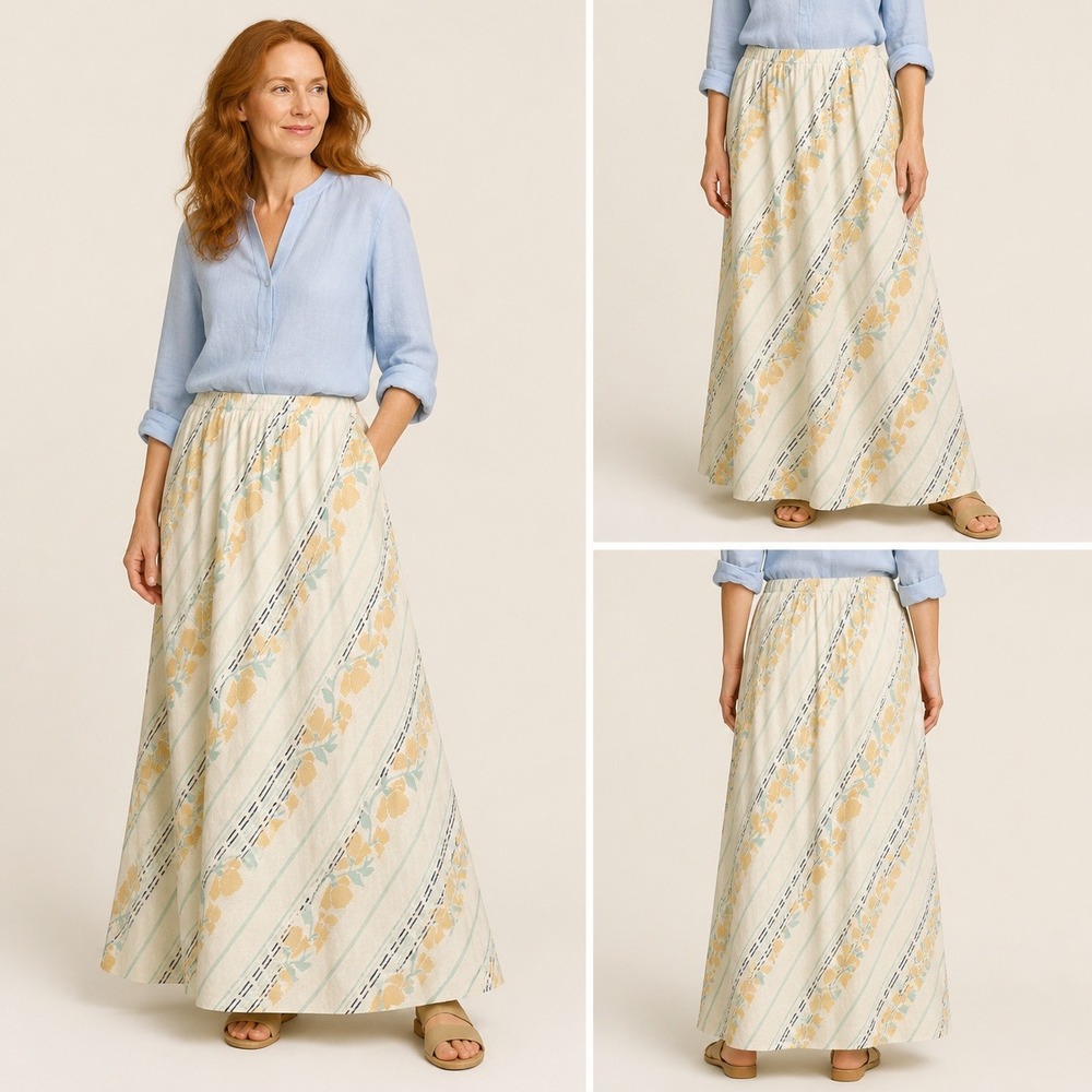 CP Shades Linen Cotton Maxi Skirt S Cream Yellow Blue Floral Stripe USA Made